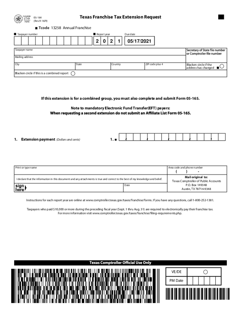  05 164 Texas Franchise Tax Annual Report Extension Request 05 164 Texas Franchise Tax Annual Report Extension Request 2021