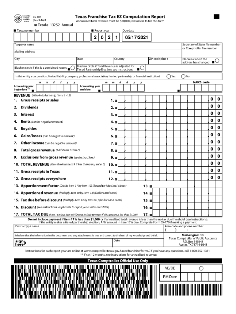  05 169 Texas Franchise Tax E Z Computation Annual Report 2018