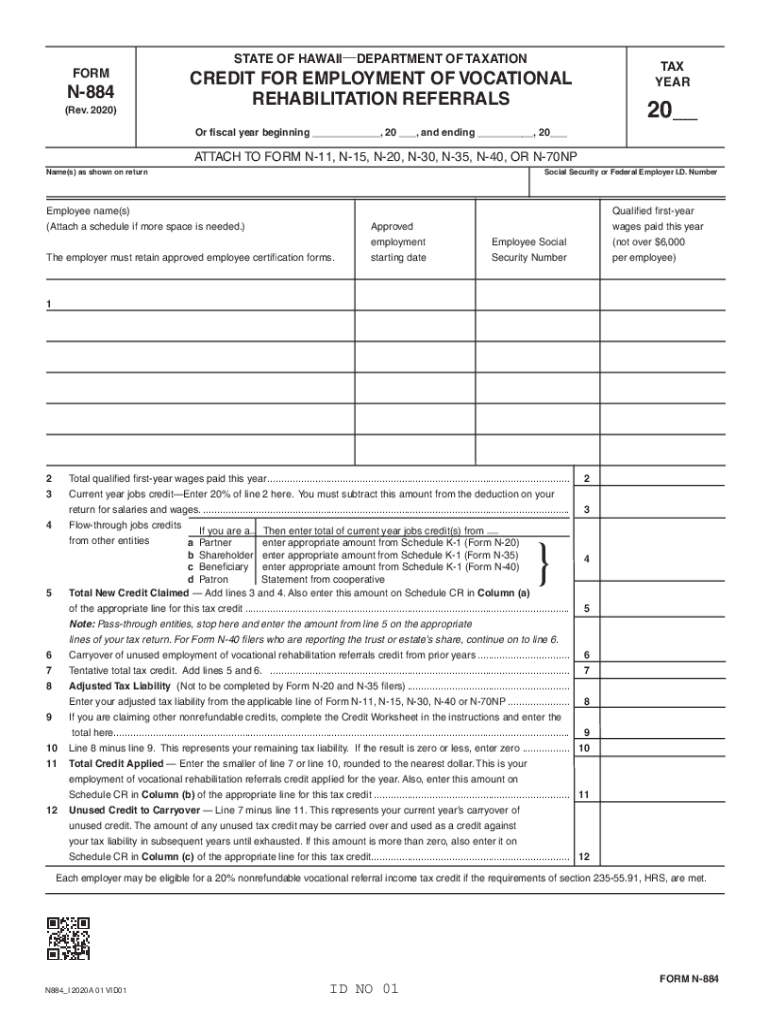  Form N 884, Rev Credit for Employment of Hawaii Gov 2020