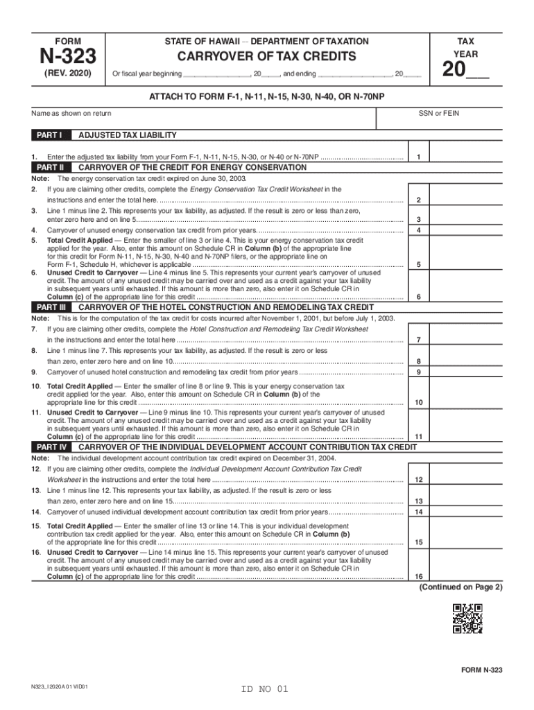  Form N 323, Rev , Carryover of Tax Credits Hawaii Gov 2020