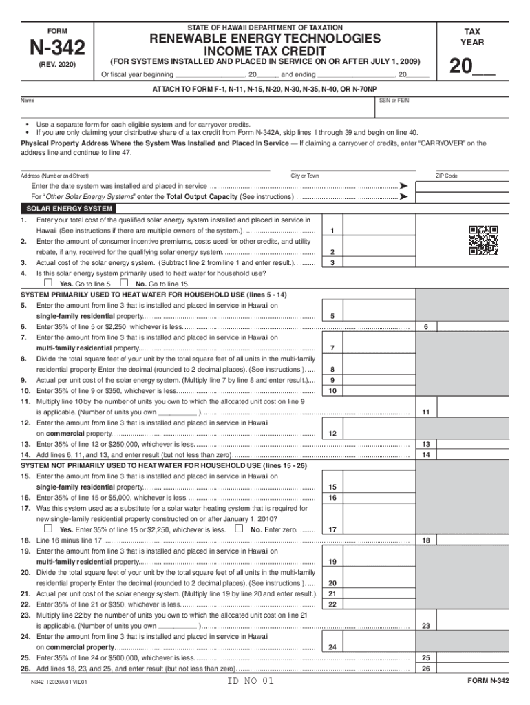  Form N 342, , Renewable Energy Technologies Income Tax Credit for Systems Installed and Placed in Service on or After July 1, 2020-2024