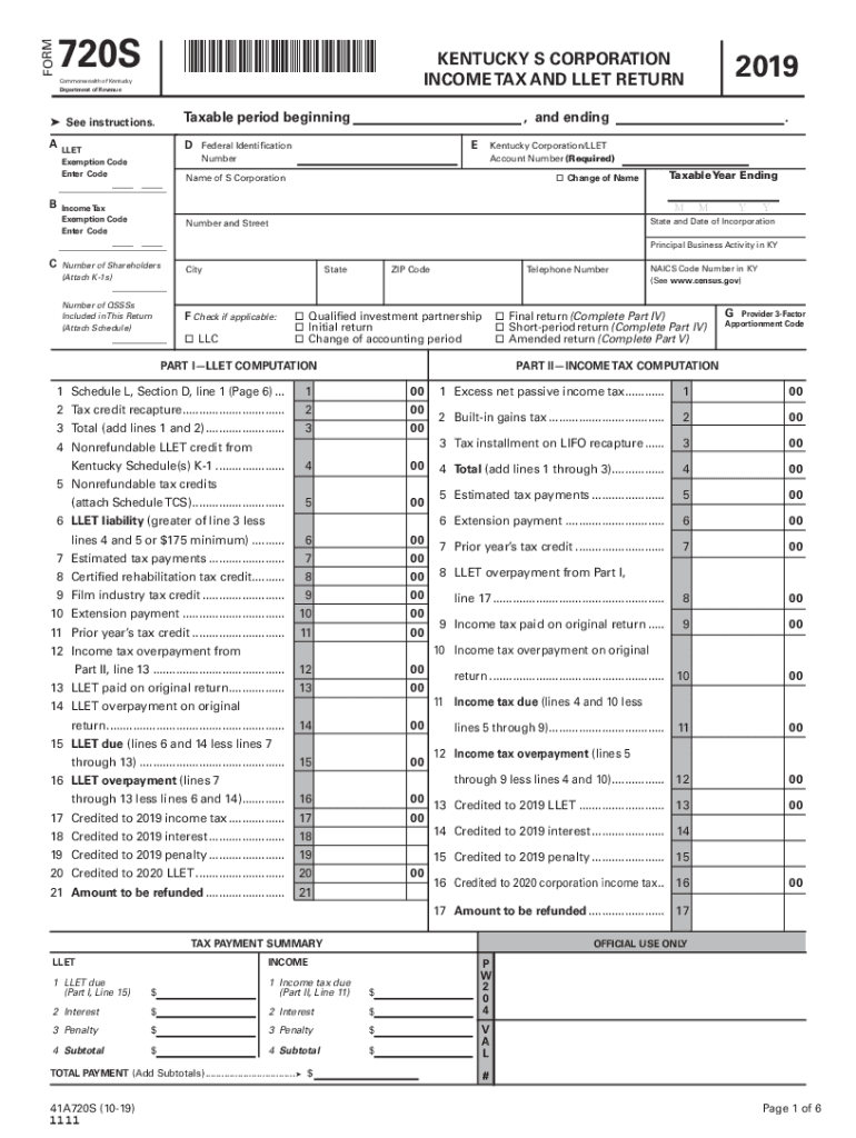Get and Sign Kentucky Form 720S Kentucky S Corporation Income Tax 2019-2022
