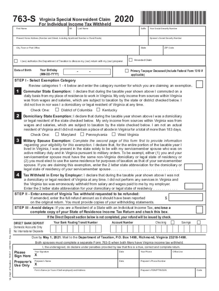 Get and Sign Form 763S, Virginia Special Nonresident Claim for Individual Income Tax Withheld Virginia Special Nonresident Claim for Individu 2020-2022