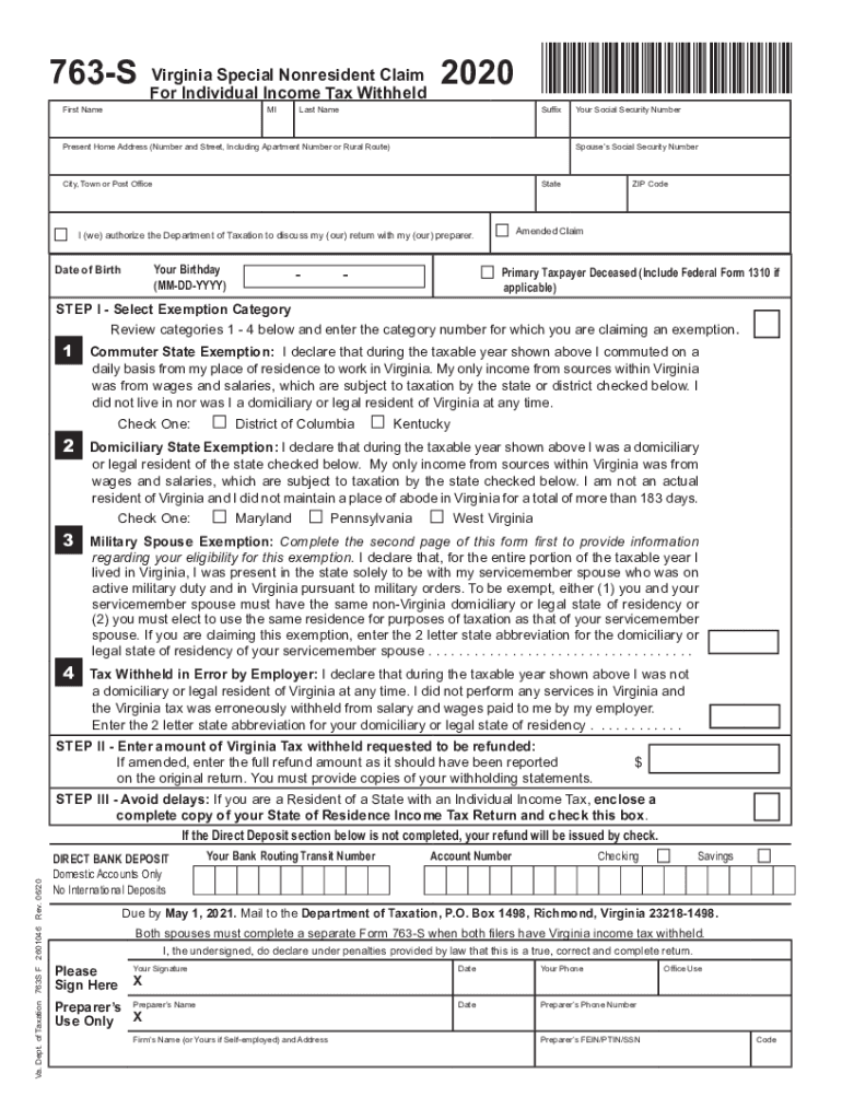  Form 763S, Virginia Special Nonresident Claim for Individual Income Tax Withheld Virginia Special Nonresident Claim for Individu 2020