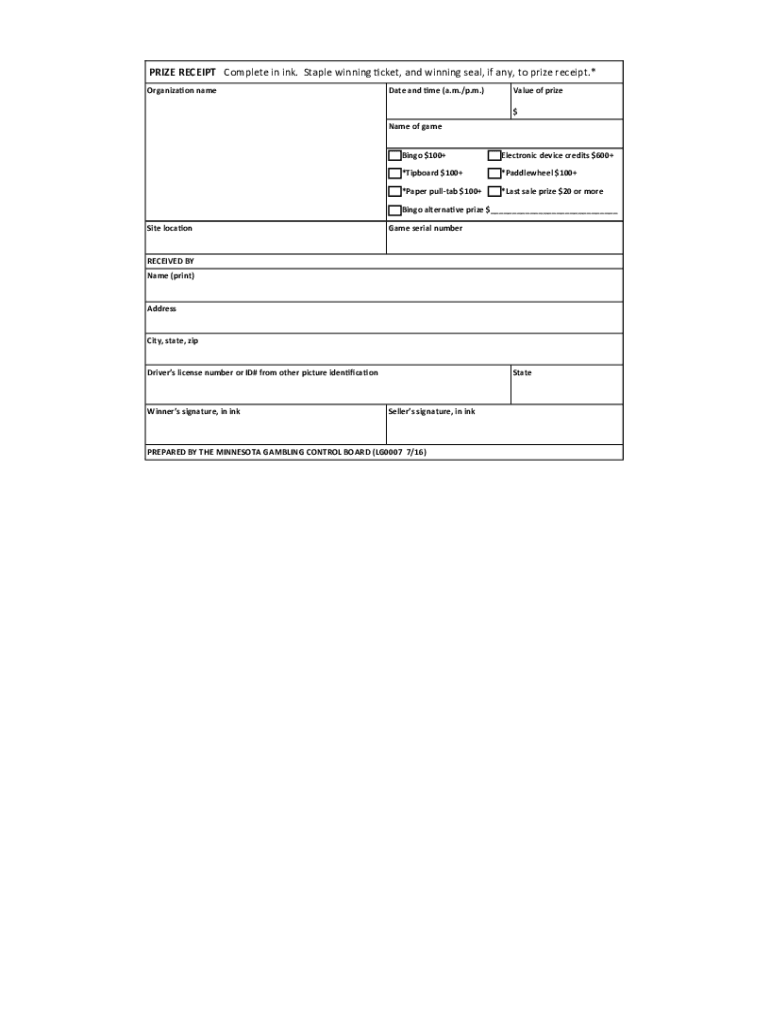  PRIZE RECEIPT Complete in Ink Staple Winning Mn Gov 2016-2024