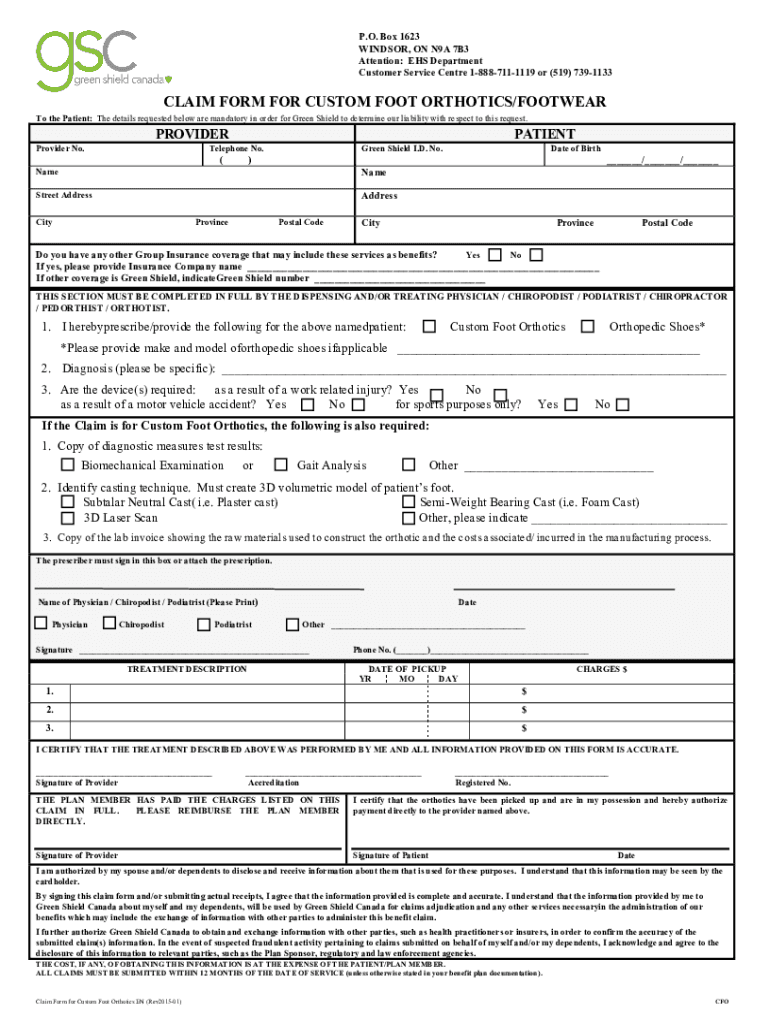  Claim Form Orthotics 2015-2024