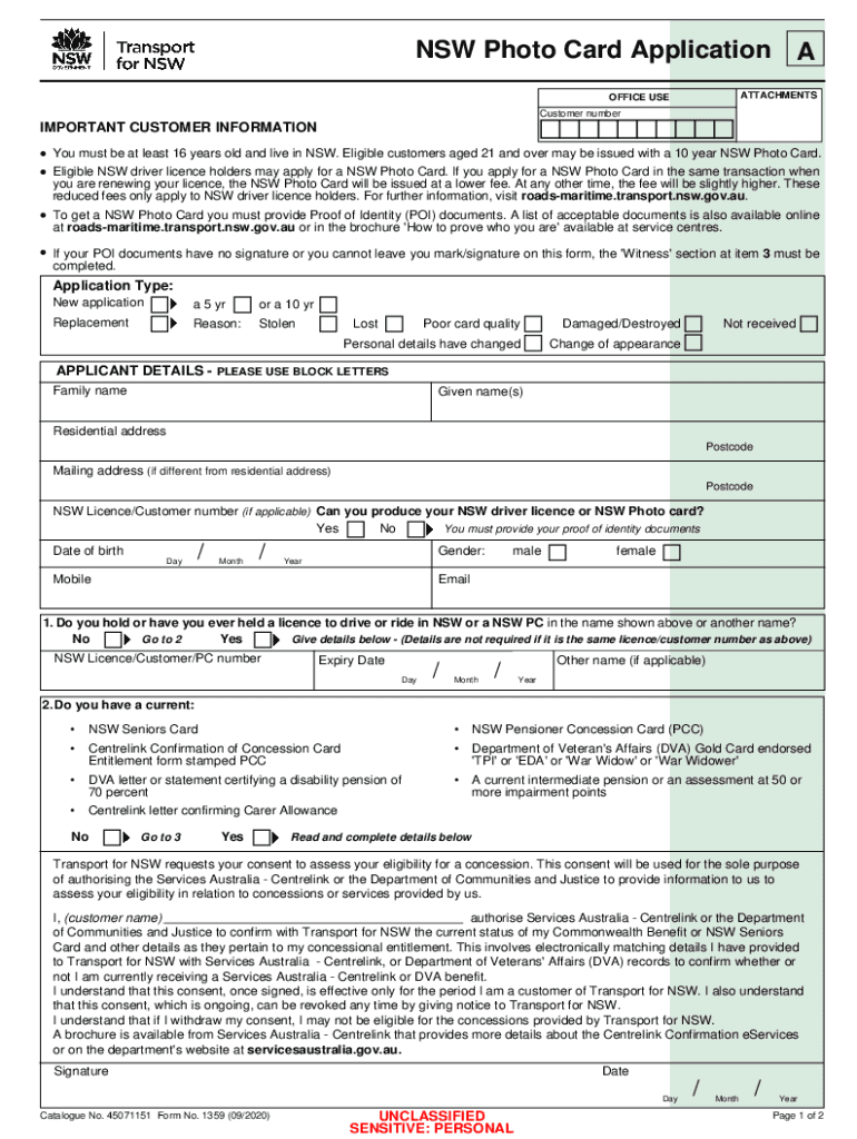  NSW Photo Card Application NSW Photo Card ApplicationForm No 1359Catalogue No 45071151 2020-2024