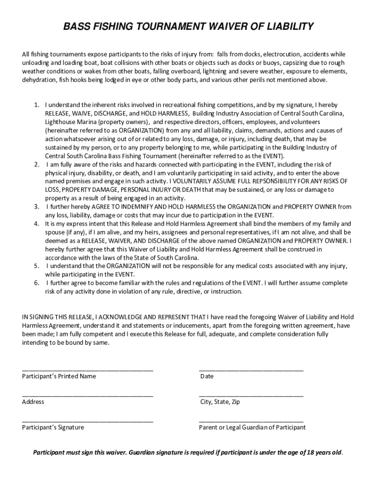BASS FISHING TOURNAMENT WAIVER of LIABILITY  Form