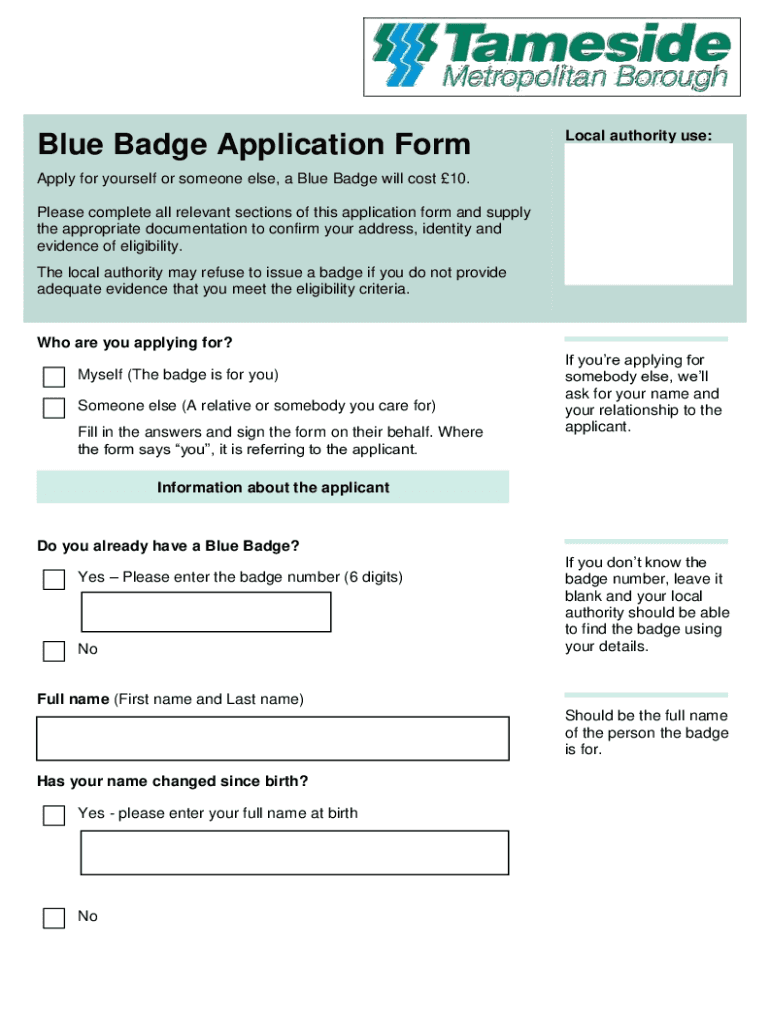 Apply for Yourself or Someone Else, a Blue Badge Will Cost 10  Form