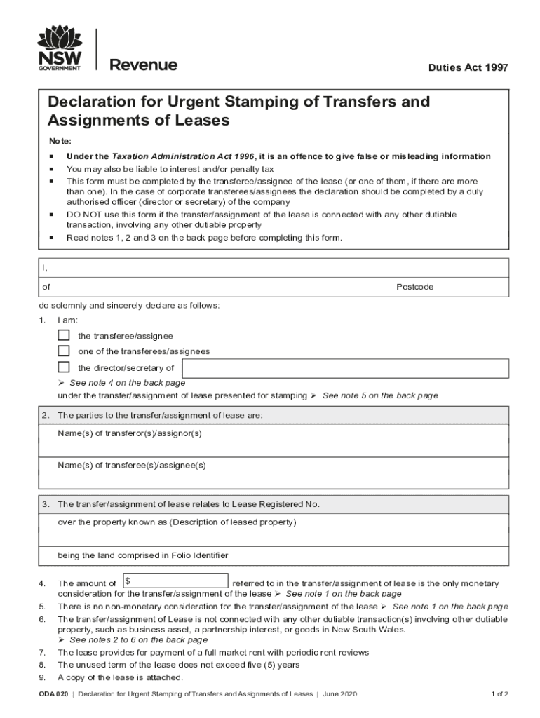  Declaration for Urgent Stamping of Transfers and Assignments of Leases 2020-2024