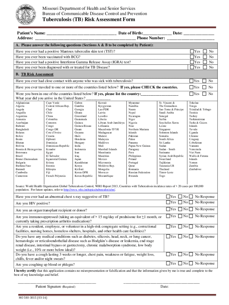  Tuberculosis TB Risk Assessment Form 2014-2024