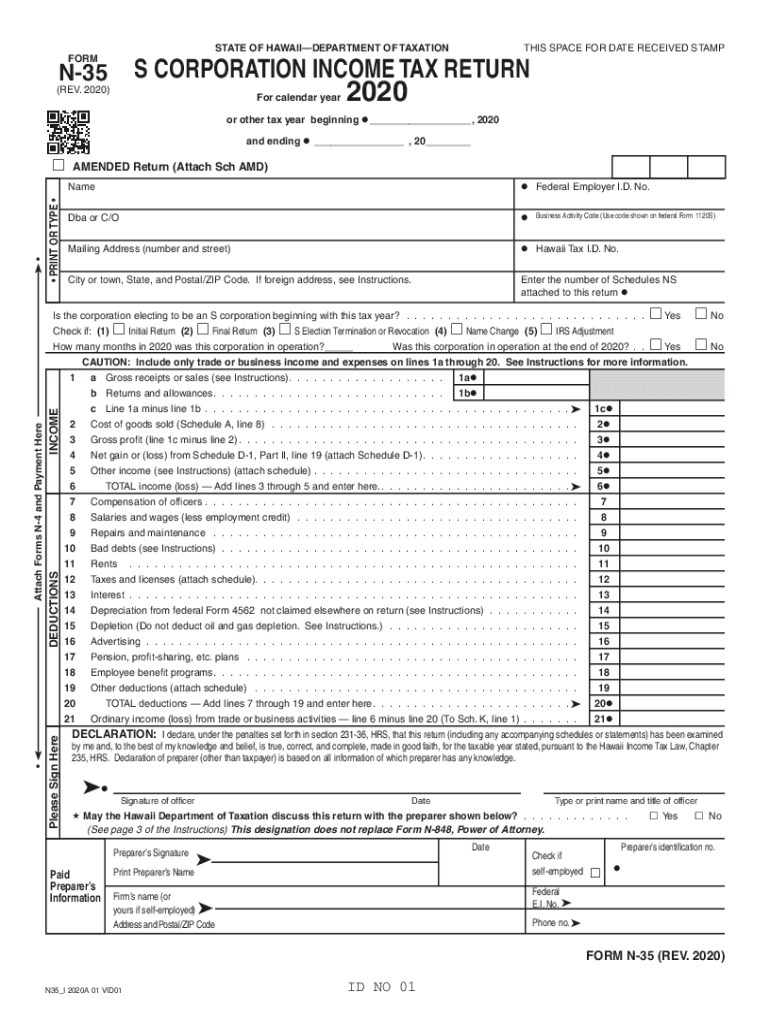  Form N 35, Rev , S Corporation Income Tax Return Forms Fillable 2020