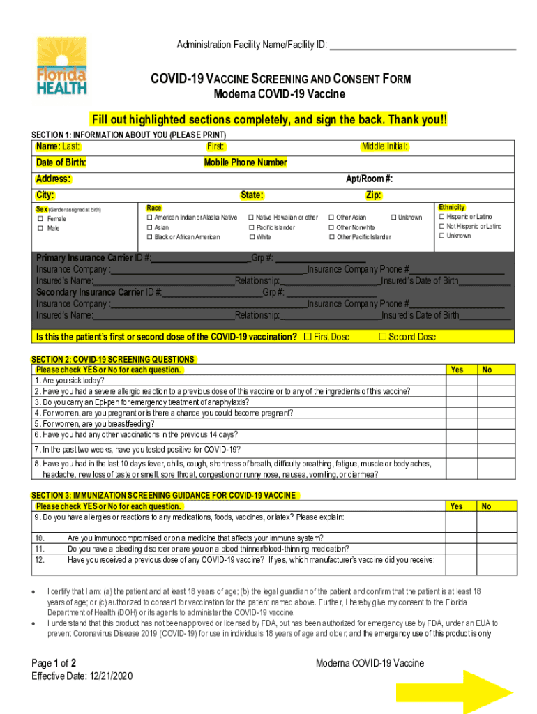 PDF COVID 19 VACCINE SCREENING and CONSENT FORM Florida