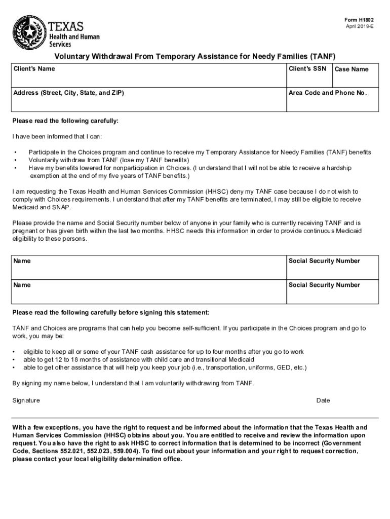  Form H1802, Voluntary Withdrawal from Temporary Assistance 2019-2024