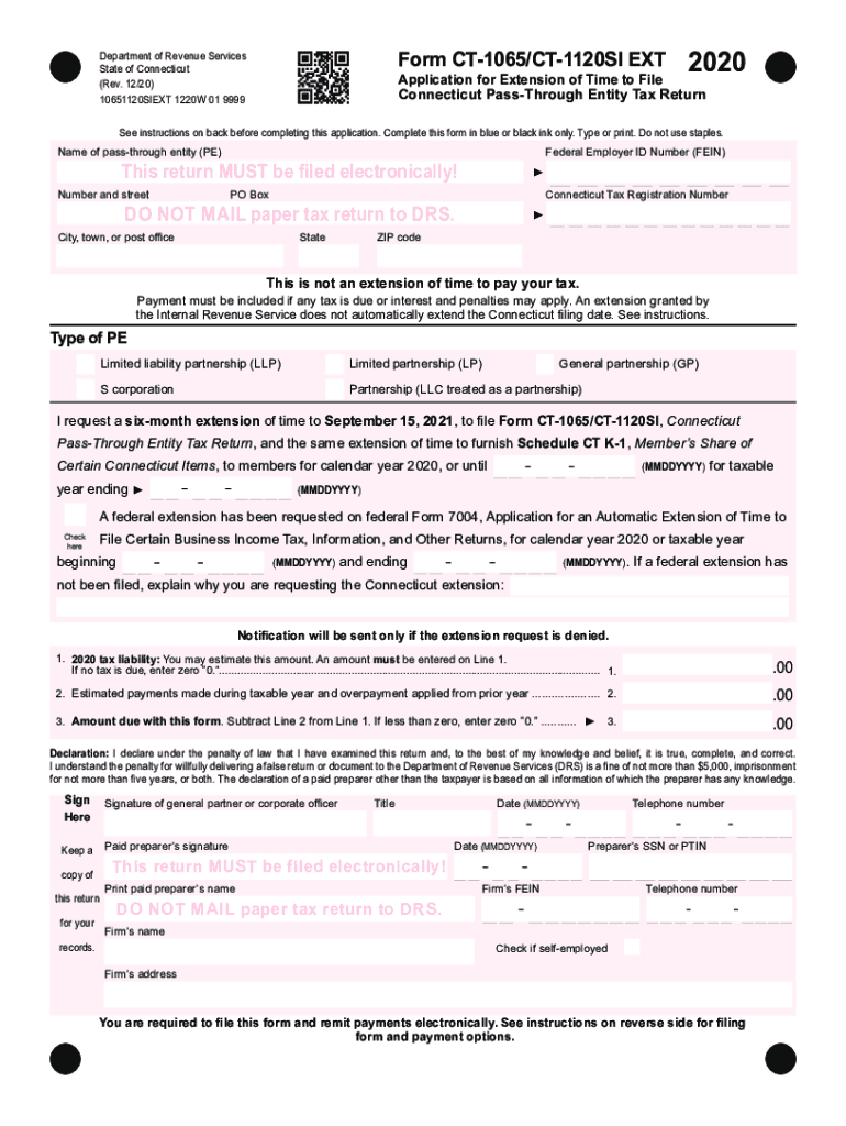  PDF Form CT 1065CT 1120SI EXT This Return MUST Be Filed CT Gov 2020