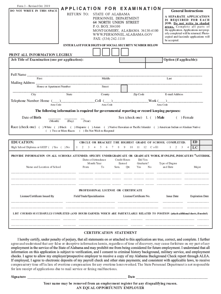  903116 001 Form 3, App for Examination PER State Personnel Dept July 2019-2024