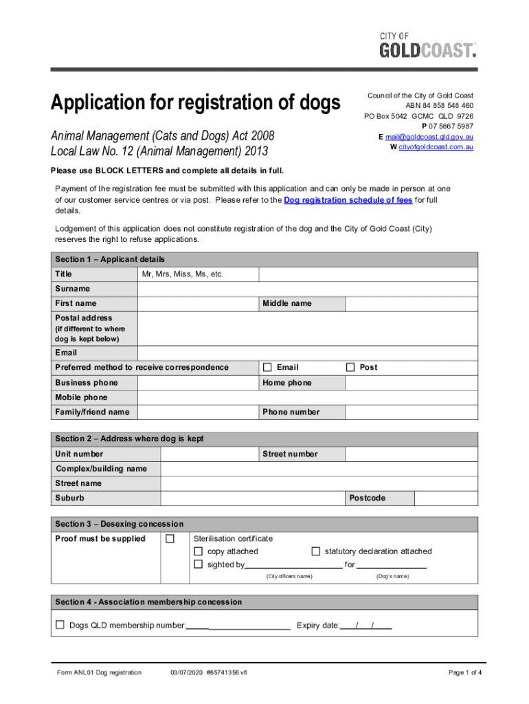 Application for Dog Registration City of Gold Coast  Form