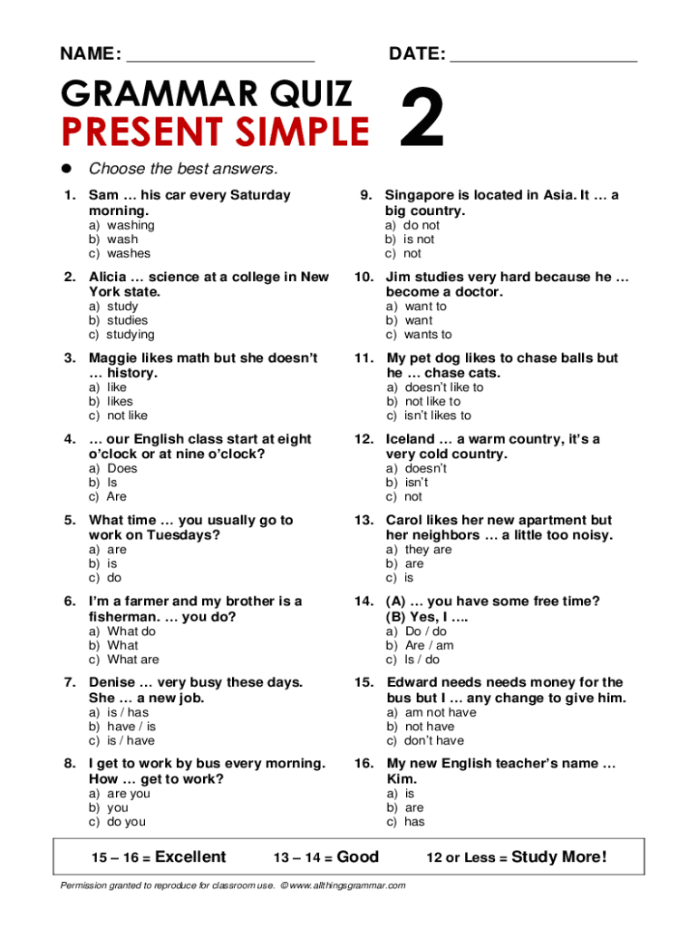 Grammar Quiz Present Simple 2  Form