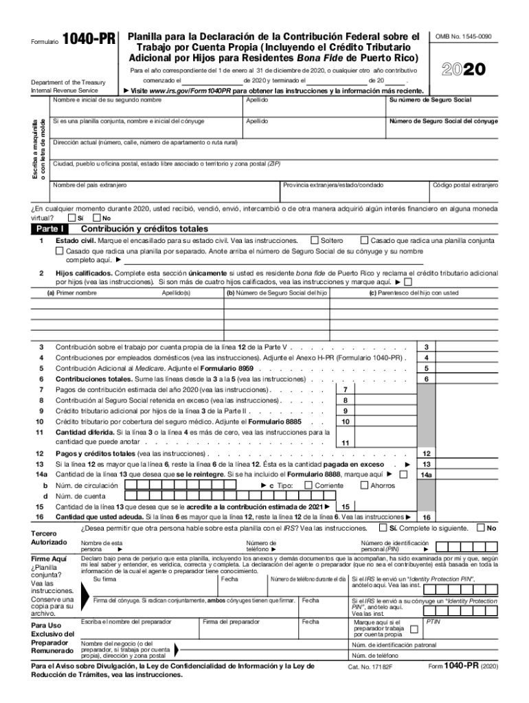  Form 1040 PR Federal Self Employment Contribution Statement for Residents of Puerto Rico 2020