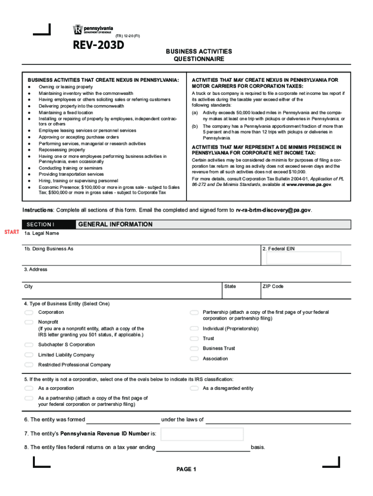  Business Activities Questionnaire REV 203D FormsPublications 2020-2024