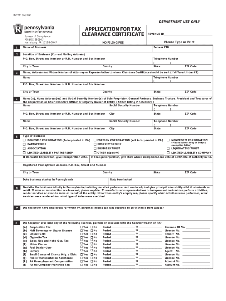  Application for Tax Clearance Certificate REV 181 FormsPublications 2021-2024