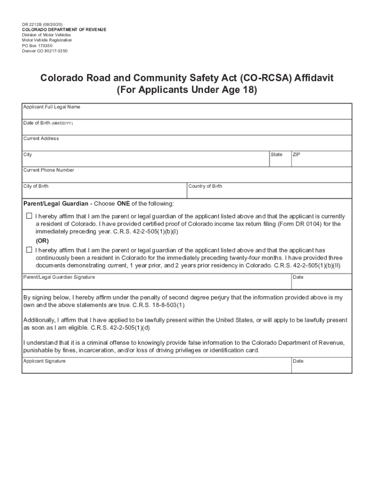 Colorado Road and Community Safety Act Rcsa Affidavit  Form