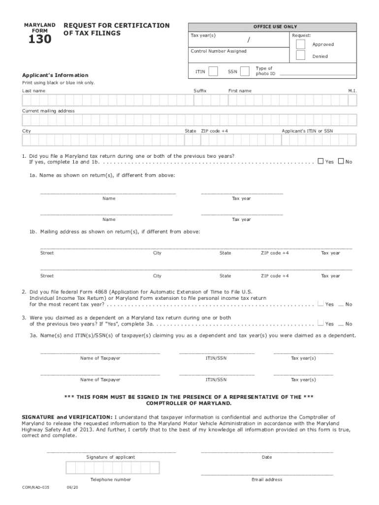 Get and Sign TY Form 130 Request for Certification of Tax Filings Request for Certification of Tax Filings 2020-2022
