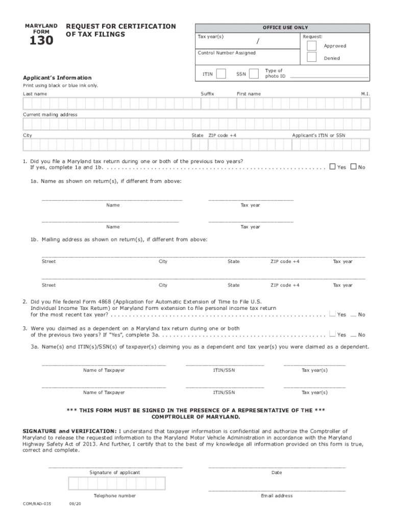  TY Form 130 Request for Certification of Tax Filings Request for Certification of Tax Filings 2020-2024