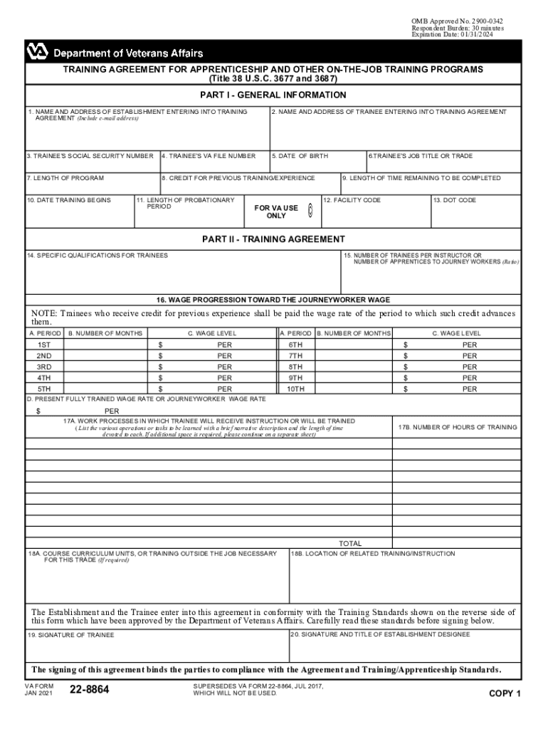 VA Form 22 8864 Training Agreement for Apprenticeship and Other on the Job Training Programs