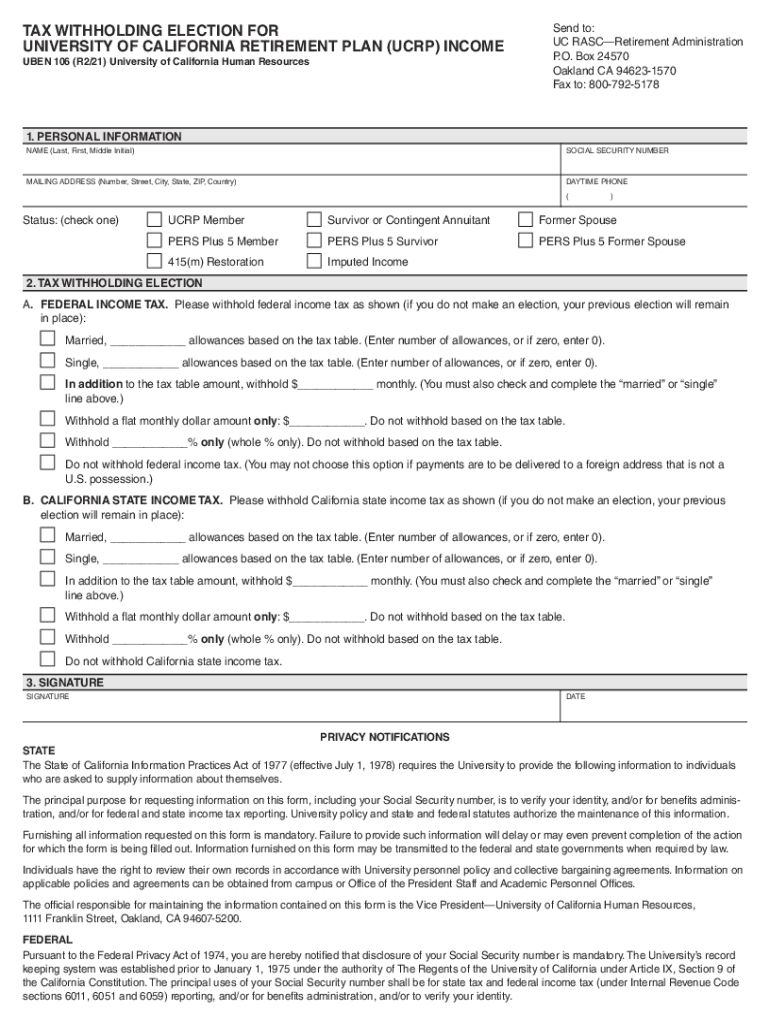  Fillable Online Tax Withholding Election for UCRP Income 2021