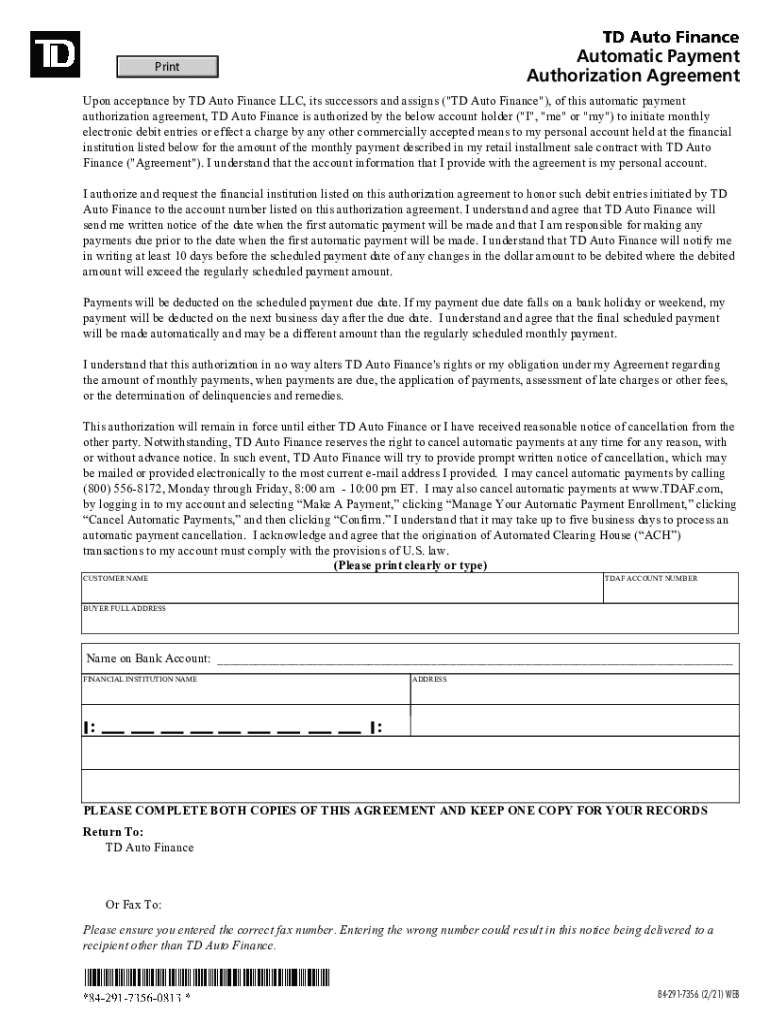  Authorization Agreement, TD Auto Finance is Authorized by the below Account Holder 'I', 'me' or 'my&quo 2021-2024