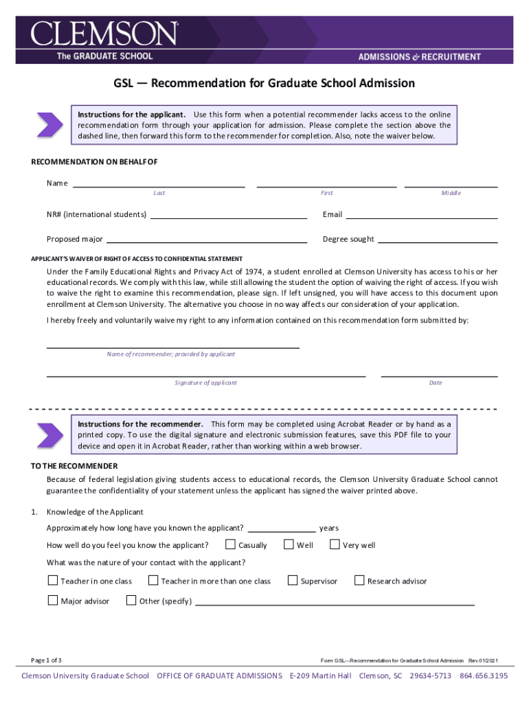  Form GSLRecommendation for Graduate School Admission 2021-2024