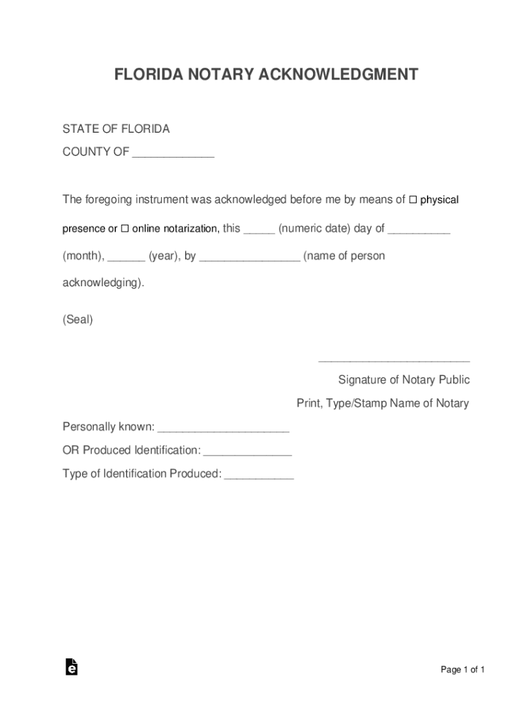 FLORIDA NOTARY ACKNOWLEDGMENT  Form