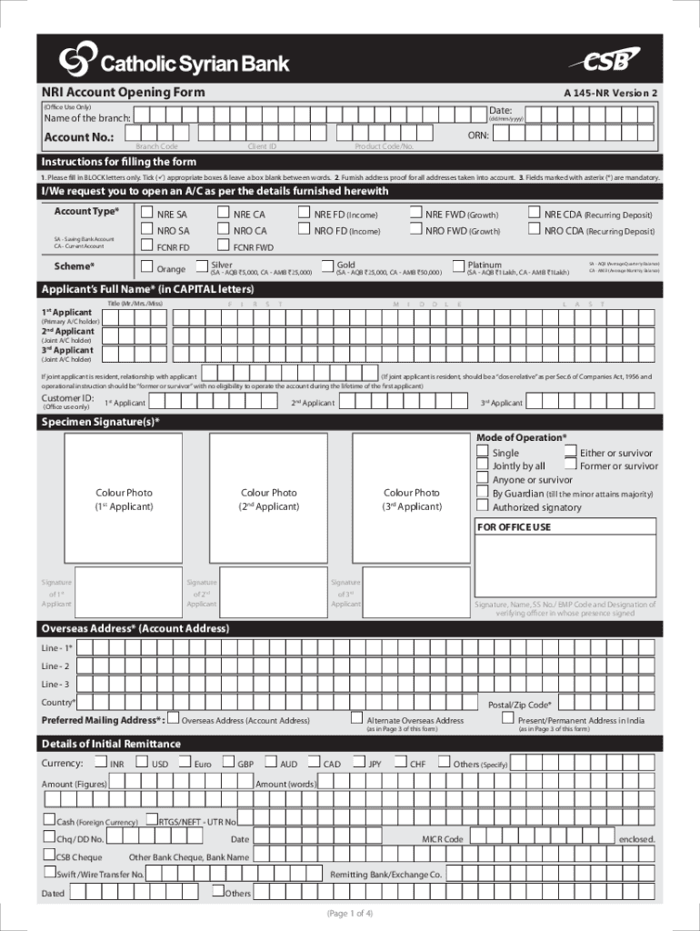  NRI Account Opening Form A145 NR 2016-2024