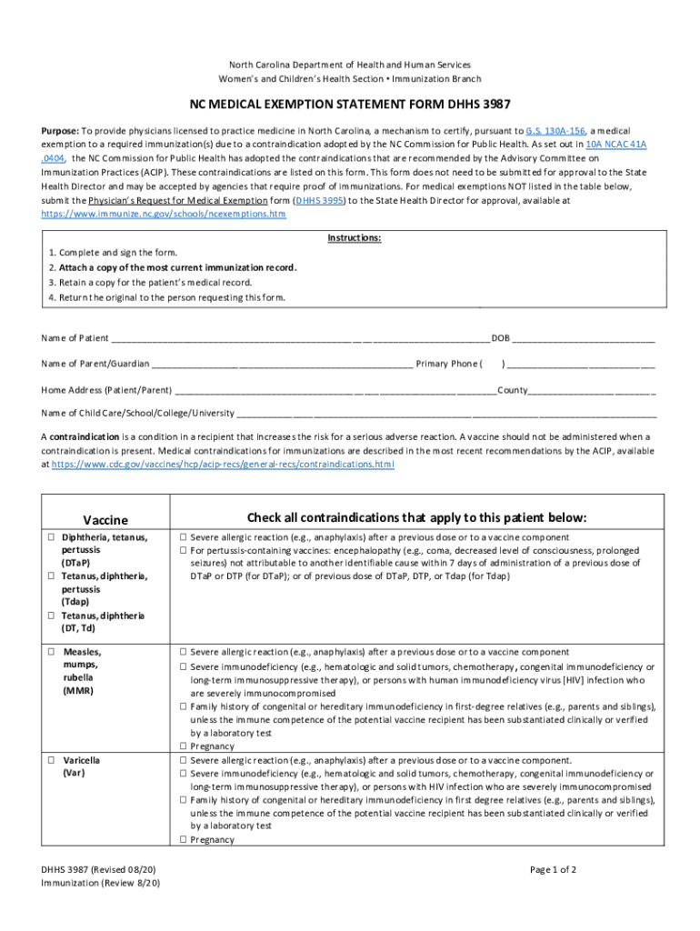 NC MEDICAL EXEMPTION STATEMENT FORM DHHS 3987