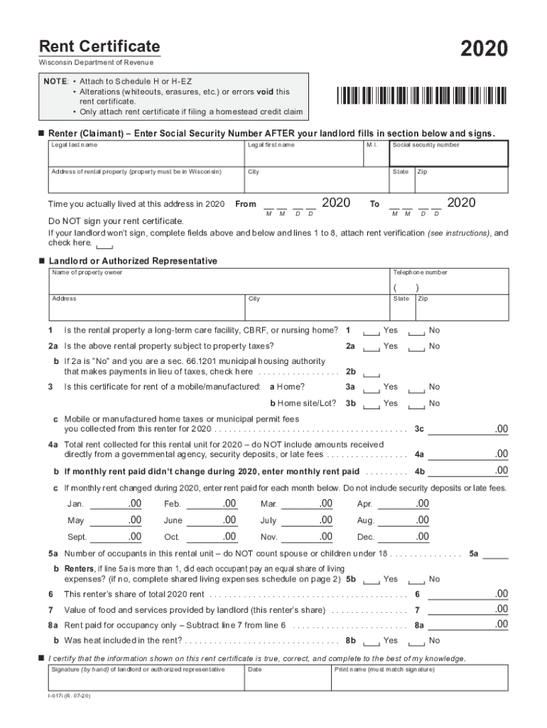 Get and Sign I 017 Rent Certificate Fillable Wisconsin Department 2020 Form