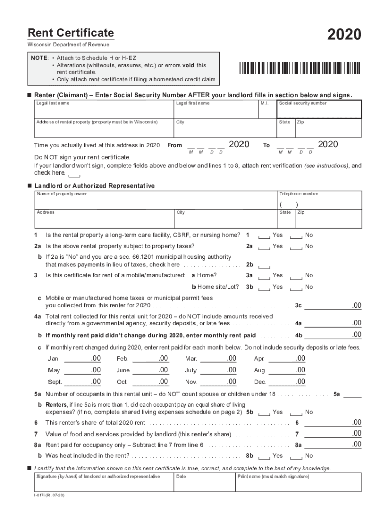  I 017 Rent Certificate Fillable Wisconsin Department 2020