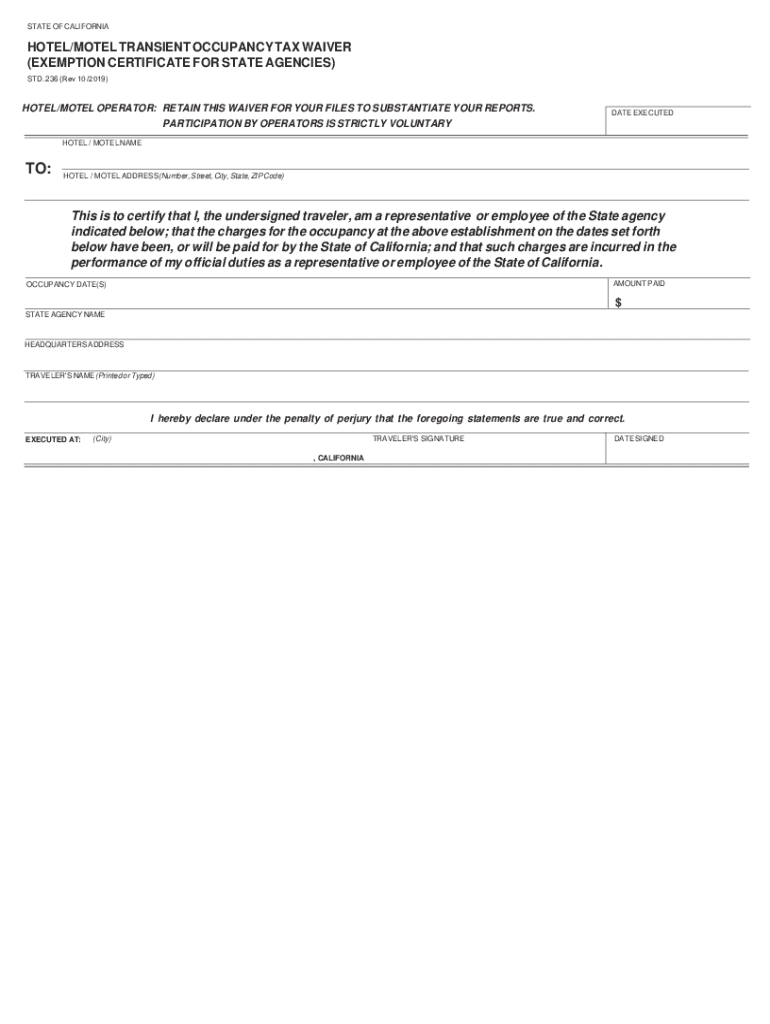  California Hotel Tax Exempt Form PDF 2019-2024