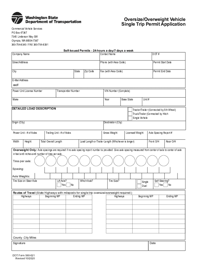 560 021 Oversize Overweight Vehicle Single Trip Permit  Form