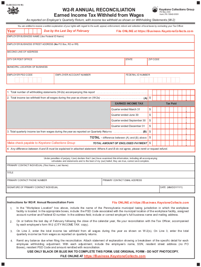  W2R Annual Reconciliation Earned Income Tax PA Department 2019-2024