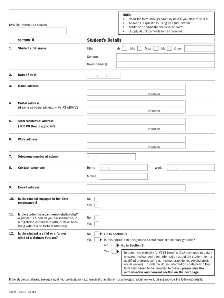  D2566 VCES and MRCAETS Application for Assistance Students Aged 16 to 24 Years 2019-2024