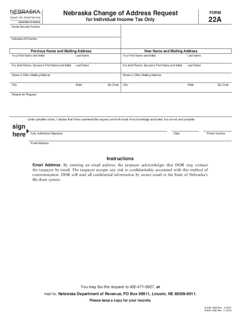  Nebraska Change of Address Request for Individual Incom 2021-2024