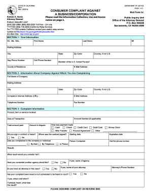 PIU 2, Consumer Complaint Against a BusinessCorporation PIU 2, Consumer Complaint Against a BusinessCorporation Oag Ca  Form