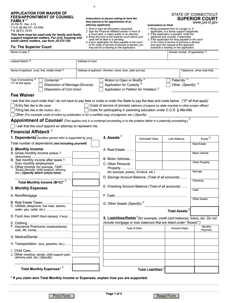  Application for Waiver of Feesappointment of Counsel, Family  Jud Ct 2015