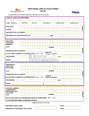 PROVIDER APPLICATION FORM EB 197 Guardian Group