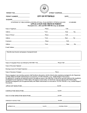 CITY of PITTSFIELD APPLICATION for TRENCH PERMIT Cityofpittsfield  Form