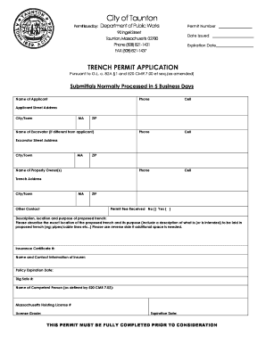 Trench Permit Application Taunton, Massachusetts  Form