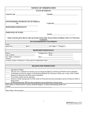 Indiana Termination Notice  Form