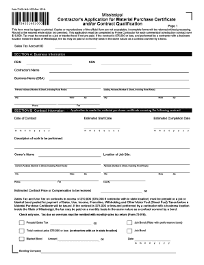 Mississippi Contractor&amp;#39;s Application for Material Purchase Certificate Dor Ms  Form