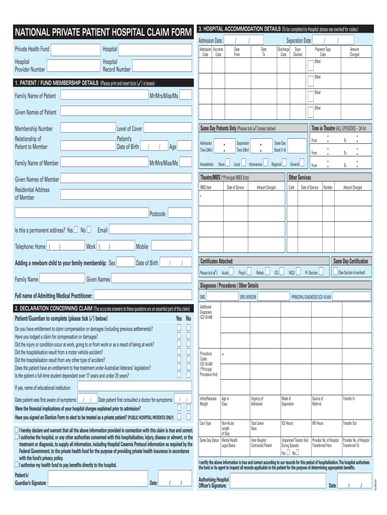 National Private Patient Hospital Claim Form